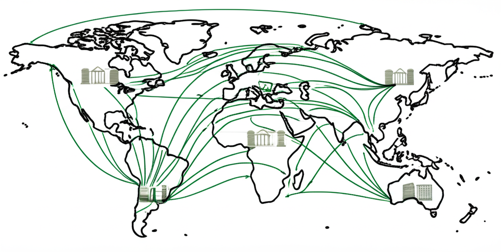 ภาพประกอบแผนที่โลกพร้อมลูกศรแสดงเส้นทางการค้าโลกและธนาคารกลางที่ถือกองดอลลาร์สหรัฐ