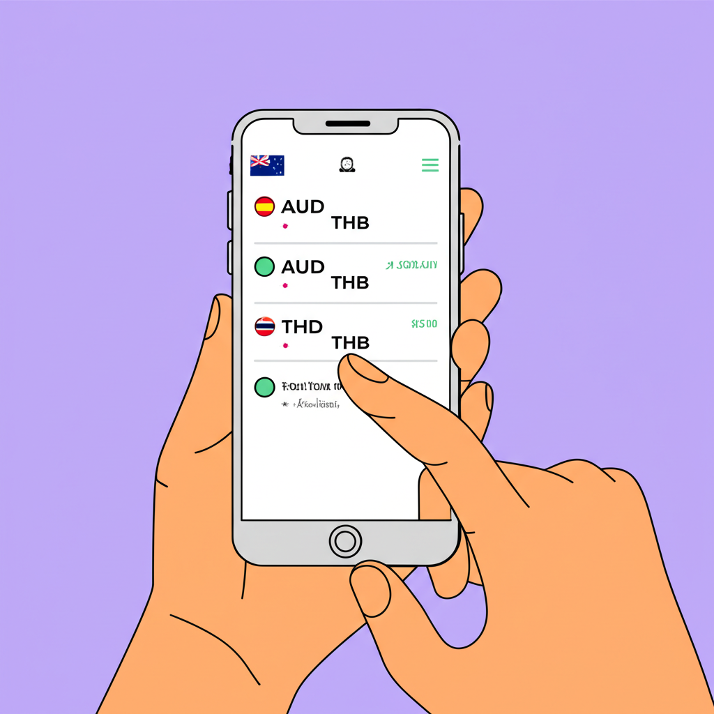 ภาพประกอบหน้าจอสมาร์ทโฟนแสดงอัตราแลกเปลี่ยน AUD THB กับบุคคลกำลังตรวจสอบ