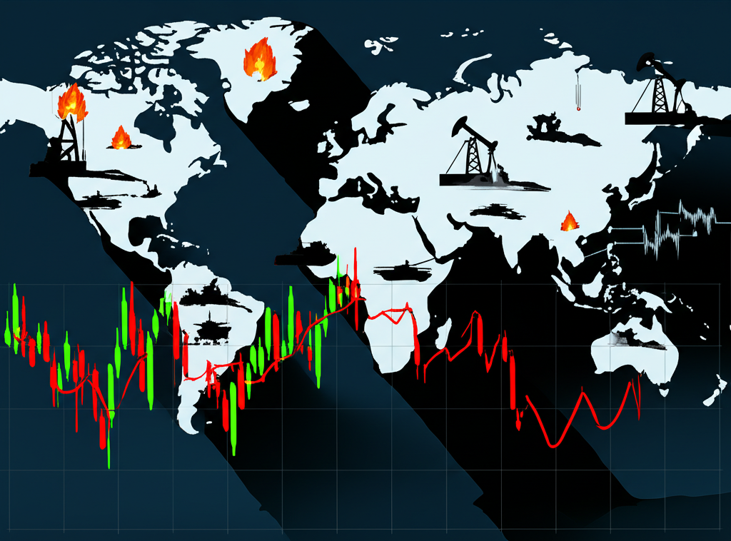 An illustration of geopolitical tensions with maps oil rigs and military symbols showing instability impacting oil prices
