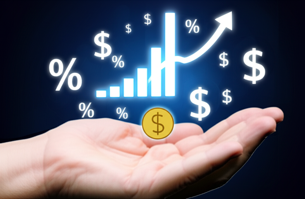 ภาพประกอบมือถือเหรียญทองคำล้อมรอบด้วยสัญลักษณ์การเงินต่างๆ ที่แสดงถึงตัวเลือกการลงทุน