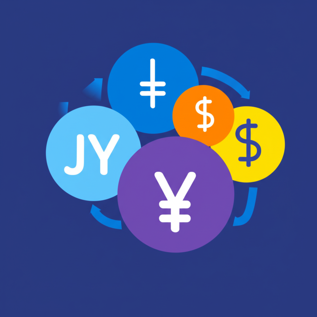 ภาพประกอบการแลกเปลี่ยนสกุลเงินทั่วโลกด้วยสัญลักษณ์ JPY และ USD แสดงถึงการค้า ท่องเที่ยว และการลงทุน