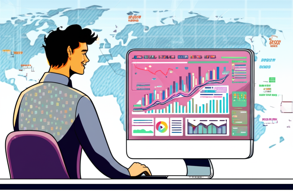 นักลงทุนกำลังเทรด Forex อย่างมีความสุขบนหน้าจอคอมพิวเตอร์พร้อมกราฟสกุลเงินและพื้นหลังตลาดการเงินโลก