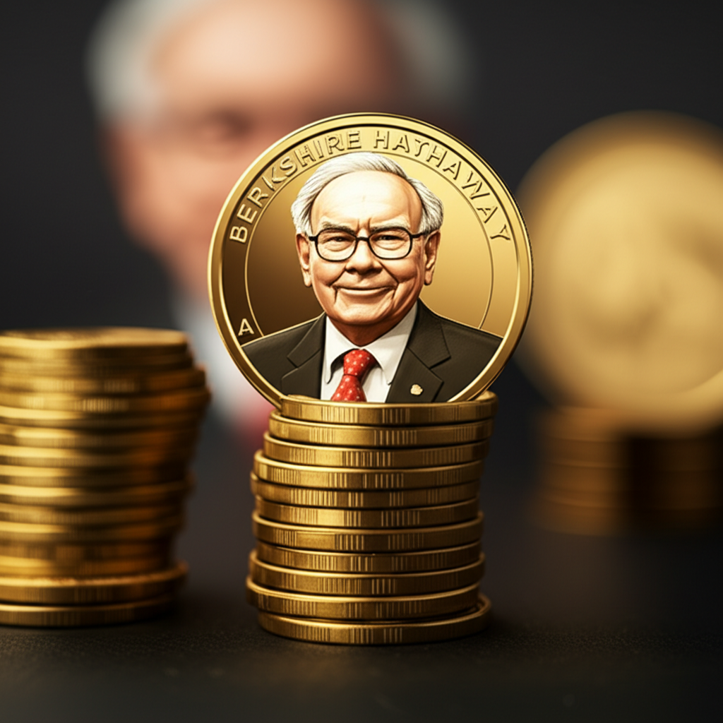 กองเหรียญทองแทนหุ้น Berkshire Hathaway Class A พร้อมภาพ Warren Buffett ในพื้นหลังสไตล์ภาพประกอบ