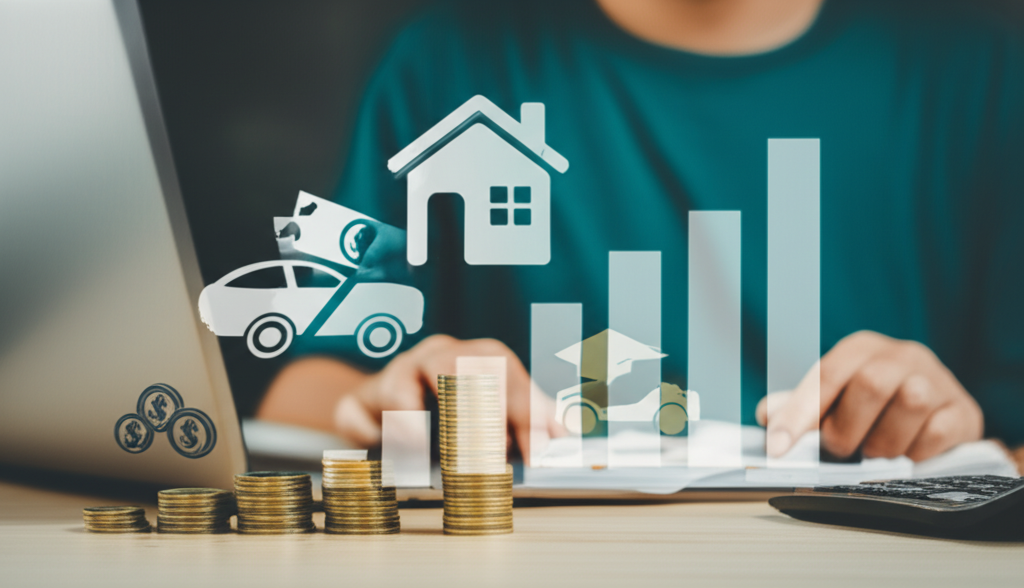 illustration a person managing money with a clear budget savings and investments growing towards financial goals