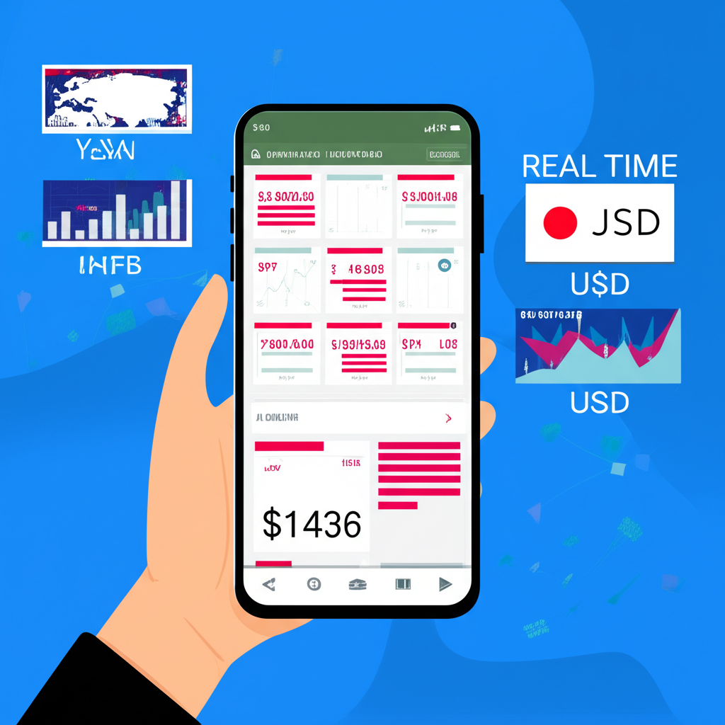 ภาพประกอบบุคคลตรวจสอบอัตราแลกเปลี่ยน JPY/USD แบบเรียลไทม์บนสมาร์ทโฟน พร้อมฟีดข่าวโลก