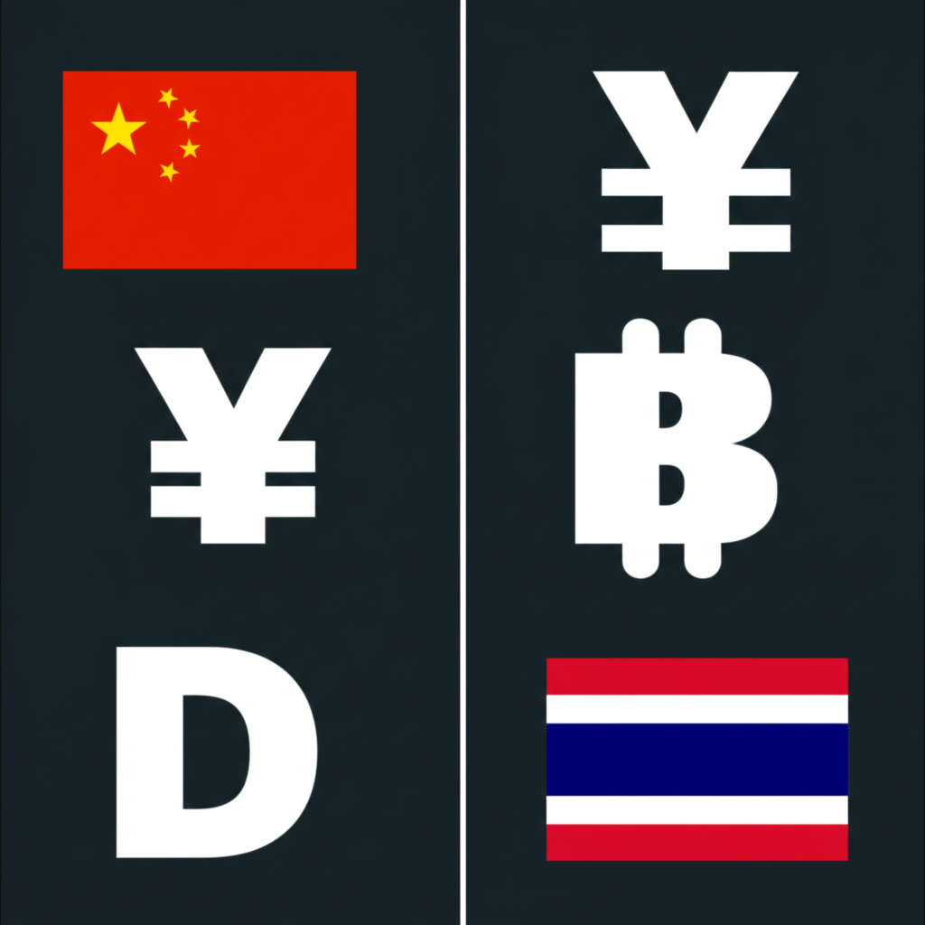 ภาพประกอบเปรียบเทียบหน่วยสกุลเงิน เช่น หยวน บาท และดอลลาร์ พร้อมธงชาติ