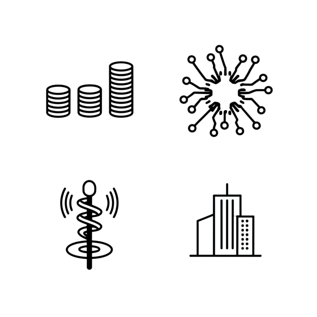 ภาพประกอบไอคอนสี่ตัวที่แสดงถึงด้านการเงิน เทคโนโลยี การแพทย์ และธุรกิจ