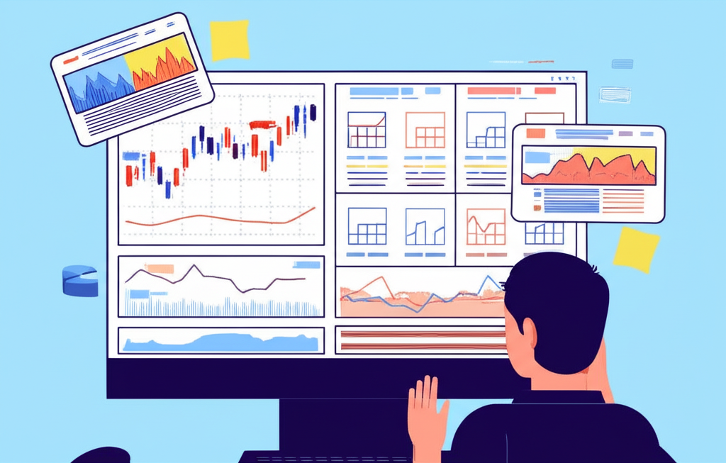 An illustration of a person studying a financial chart with indicators and strategy documents