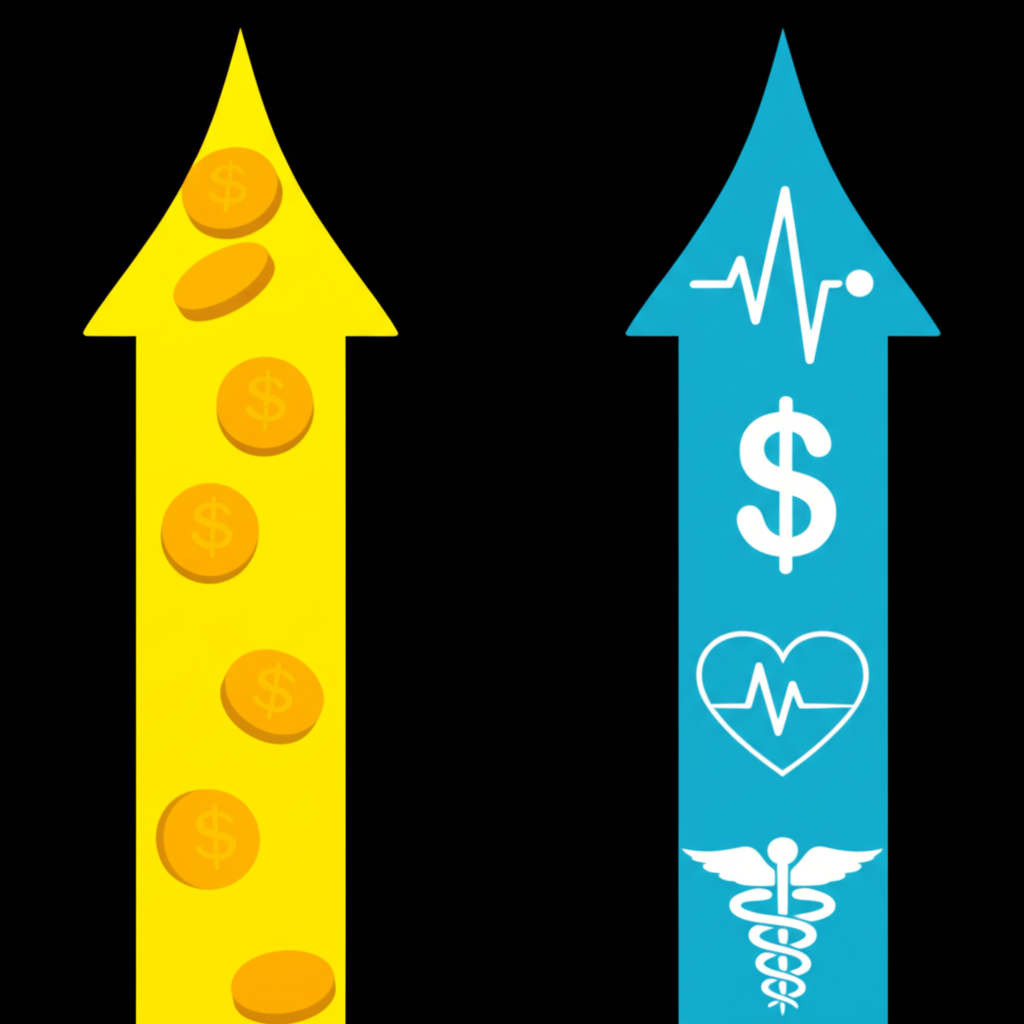 ภาพประกอบแสดงสองเส้นทางที่แตกต่างกัน เส้นทางหนึ่งมีเหรียญดอลลาร์ออสเตรเลียและอีกเส้นทางมีสัญลักษณ์ทางการแพทย์สำหรับ AUD