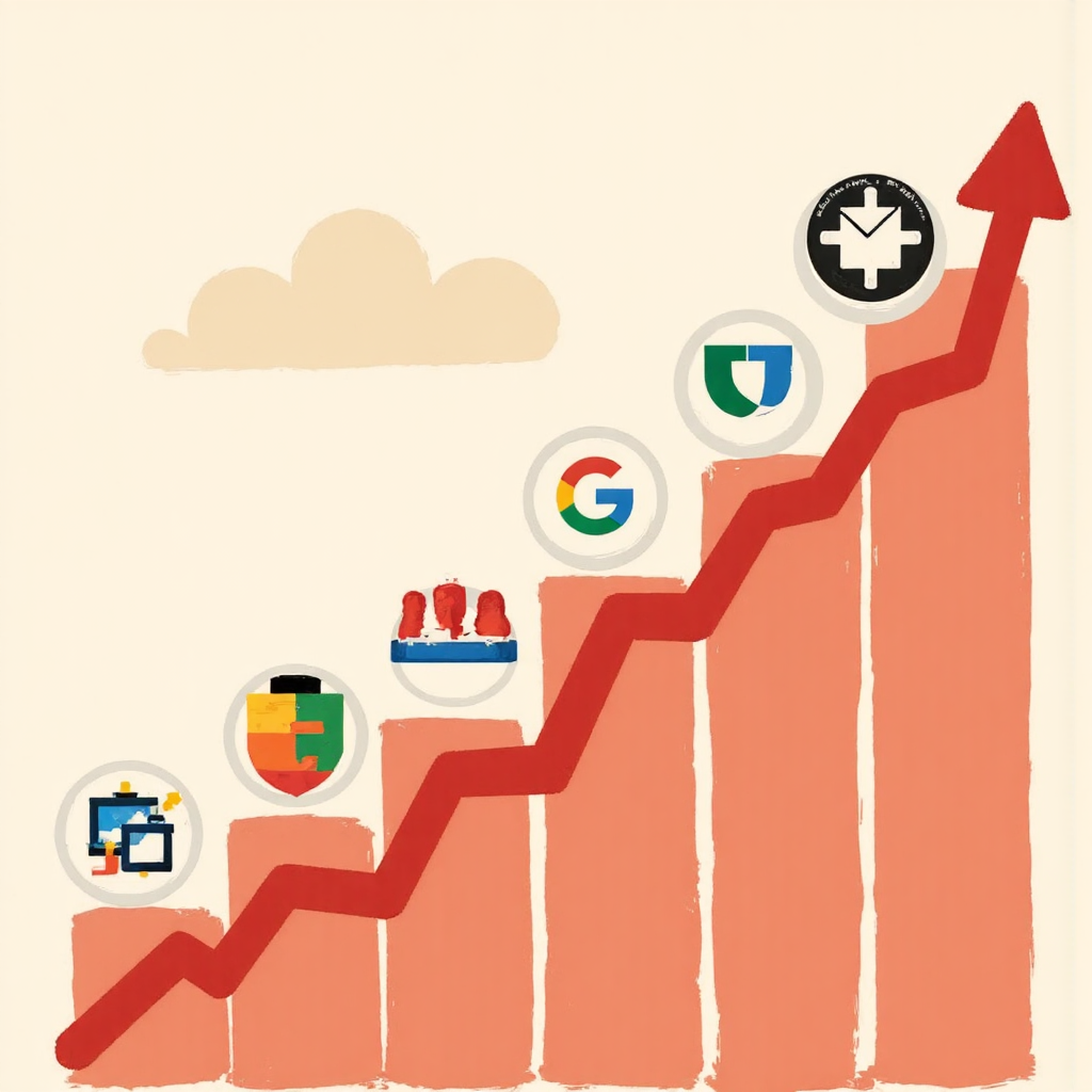 ภาพประกอบกราฟตลาดหุ้นสไตล์ที่มีองค์ประกอบโลโก้ Google ผสมในเส้นแนวโน้มขาขึ้น พาเล็ตสีอุ่น สไตล์การวาดภาพดิจิทัลนุ่มนวล