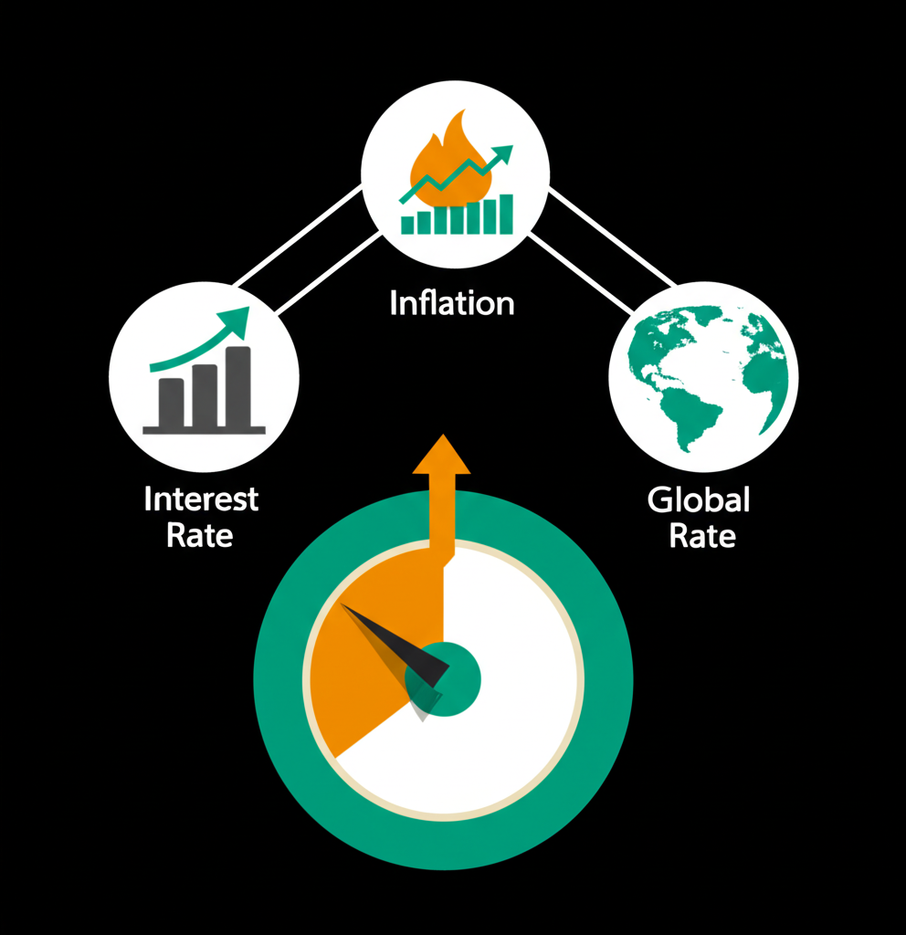 ภาพประกอบปัจจัยเศรษฐกิจมหภาค เช่น เงินเฟ้อ GDP และไอคอนเศรษฐกิจโลกที่ส่งผลต่อหน้าปัดอัตราดอกเบี้ย
