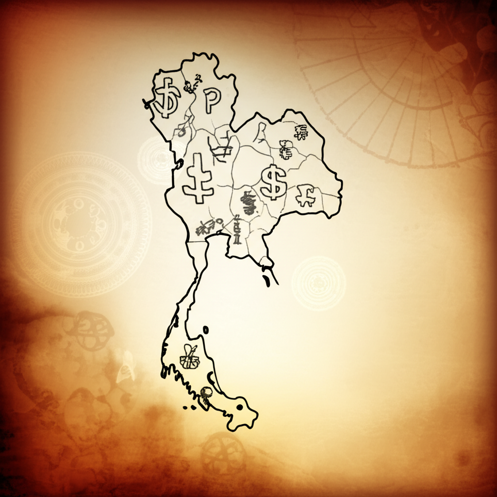 illustration ancient map of Thailand with currency symbols and time travel elements a mysterious aura