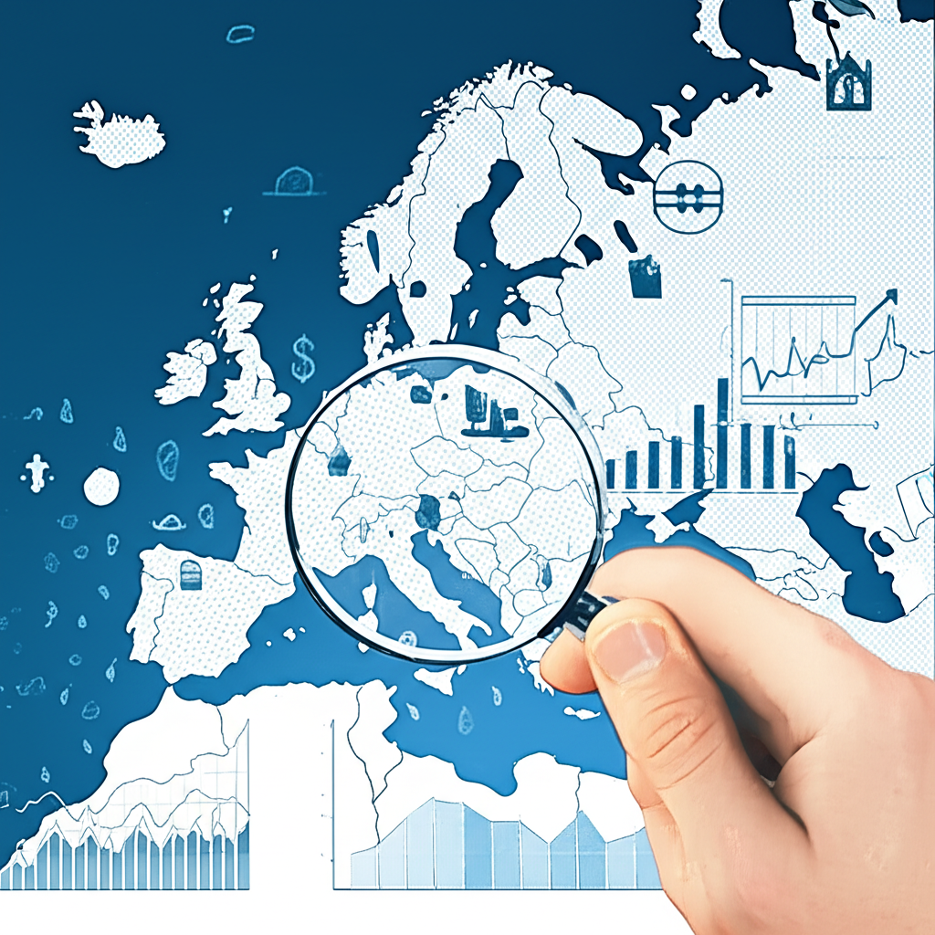 Illustration of a hand holding a magnifying glass over economic data charts and Europe map with geopolitical symbols