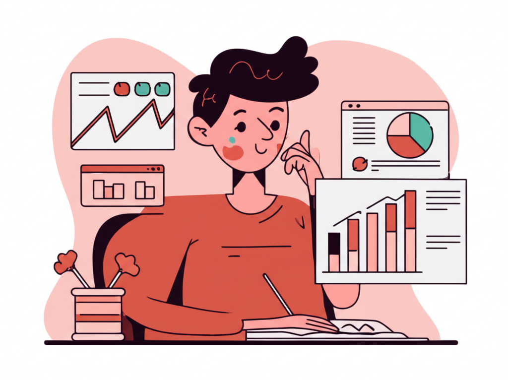 ภาพประกอบของบุคคลกำลังศึกษาการลงทุนในตลาดหุ้นพร้อมกราฟและแผนภูมิในสไตล์ที่เป็นมิตร