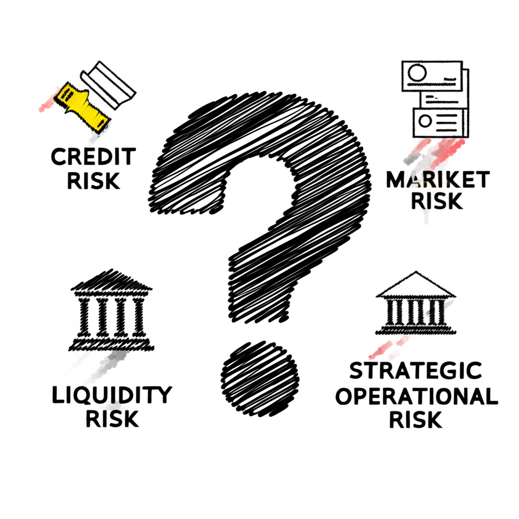 สัญลักษณ์ห้าประการที่แตกต่างกันแทนความเสี่ยงของธนาคารด้านเครดิต สภาพคล่อง ตลาด ปฏิบัติการ และเชิงกลยุทธ์ พร้อมเครื่องหมายคำถาม สไตล์ภาพประกอบ