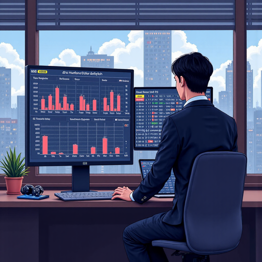 ภาพประกอบที่แสดงนักลงทุนไทยที่มุ่งมั่นกำลังวิเคราะห์กระแสข้อมูลดิจิทัลและกราฟหุ้นที่เกี่ยวข้องกับเทคโนโลยี AI บนพื้นหลังเมืองสมัยใหม่และองค์ประกอบอนาคตเบาๆ