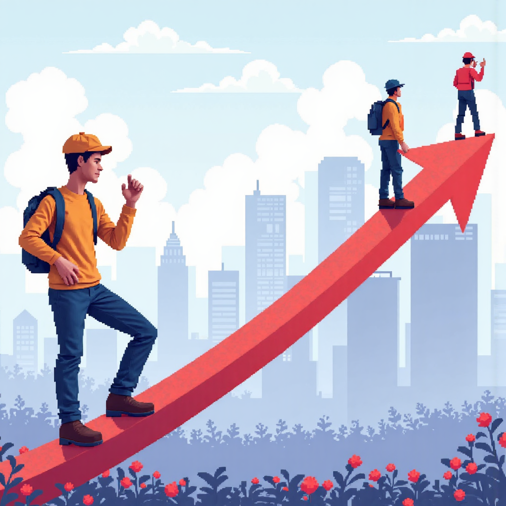 A visual metaphor comparing a temporary pause in a journey to a price retracement on a financial chart with a determined trader figure looking ahead towards the continued trend in a vibrant illustrative style