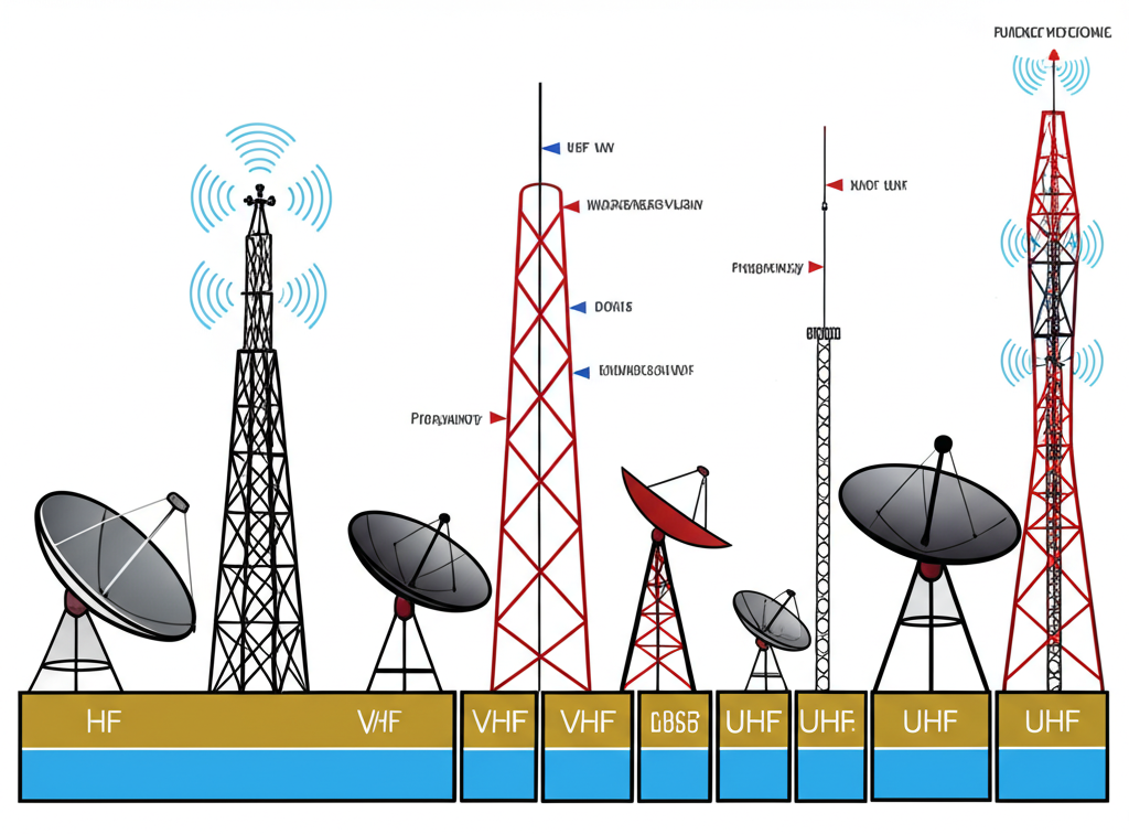 ภาพประกอบสเปกตรัมแม่เหล็กไฟฟ้า ย่าน HF VHF UHF หอคอยวิทยุ จานดาวเทียม การสื่อสาร