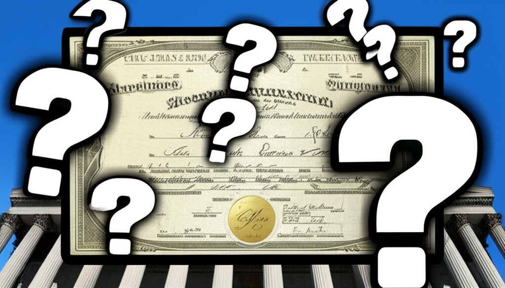 ภาพประกอบเครื่องหมายคำถามลอยรอบใบหุ้นและอาคารตลาดหลักทรัพย์