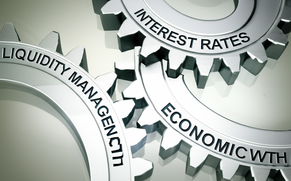 ภาพประกอบเฟืองสี่ตัวเชื่อมต่อกัน แสดงถึงการจัดการสภาพคล่อง อัตราดอกเบี้ย เสถียรภาพราคา และการเติบโตทางเศรษฐกิจ