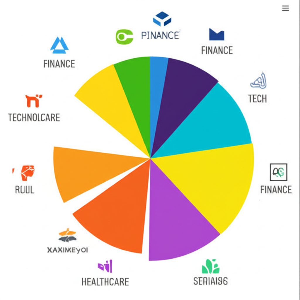 ภาพประกอบกราฟวงกลมแสดงอุตสาหกรรมหลากหลาย เช่น เทคโนโลยี การเงิน และสุขภาพ พร้อมโลโก้บริษัท