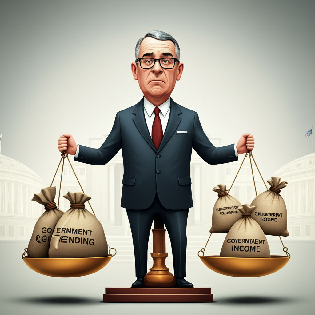 ภาพประกอบเจ้าหน้าที่รัฐบาลกำลังชั่งน้ำหนักที่รายจ่ายมากกว่ารายได้แสดงถึงงบประมาณขาดดุล