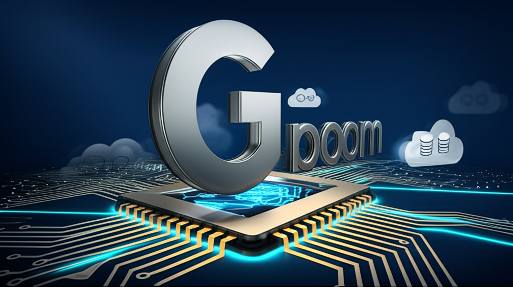 โลโก้ยักษ์ใหญ่ของ Broadcom ที่ปกคลุมด้วยชิปเซมิคอนดักเตอร์เชื่อมต่อกันและไอคอนซอฟต์แวร์คลาวด์