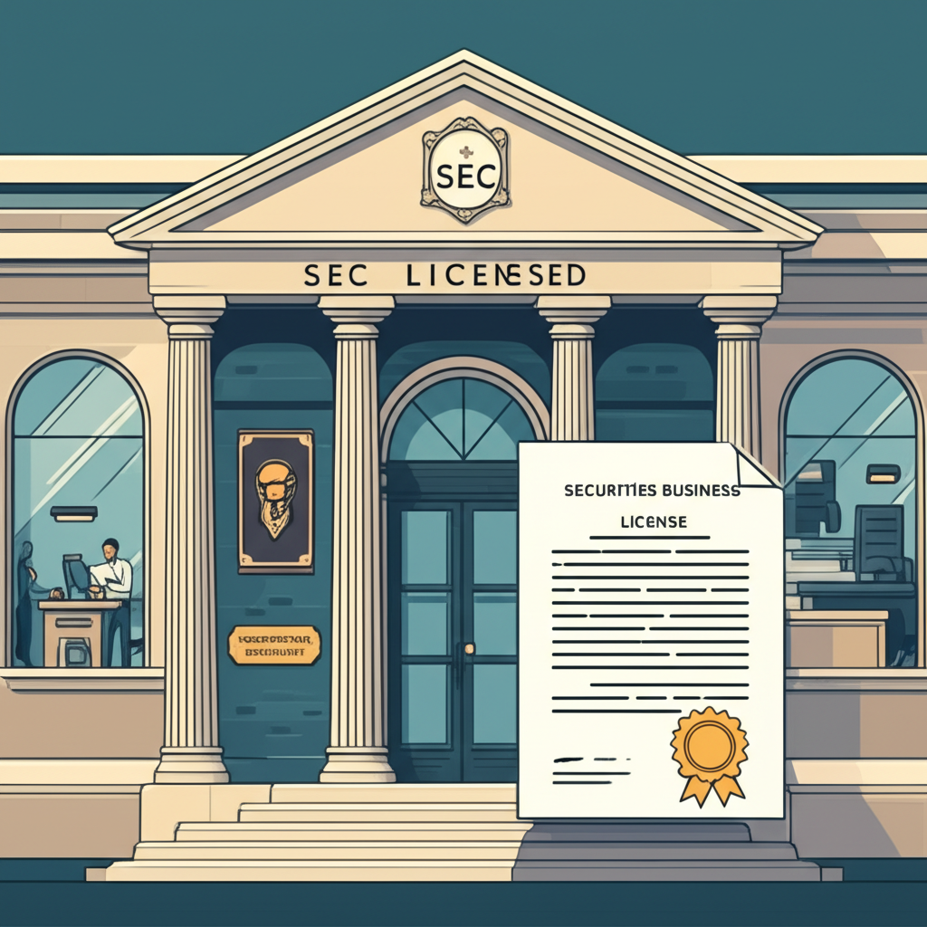 An illustration of a financial institution receiving a license to operate in securities business under the supervision of SEC with different service types like brokerage and underwriting