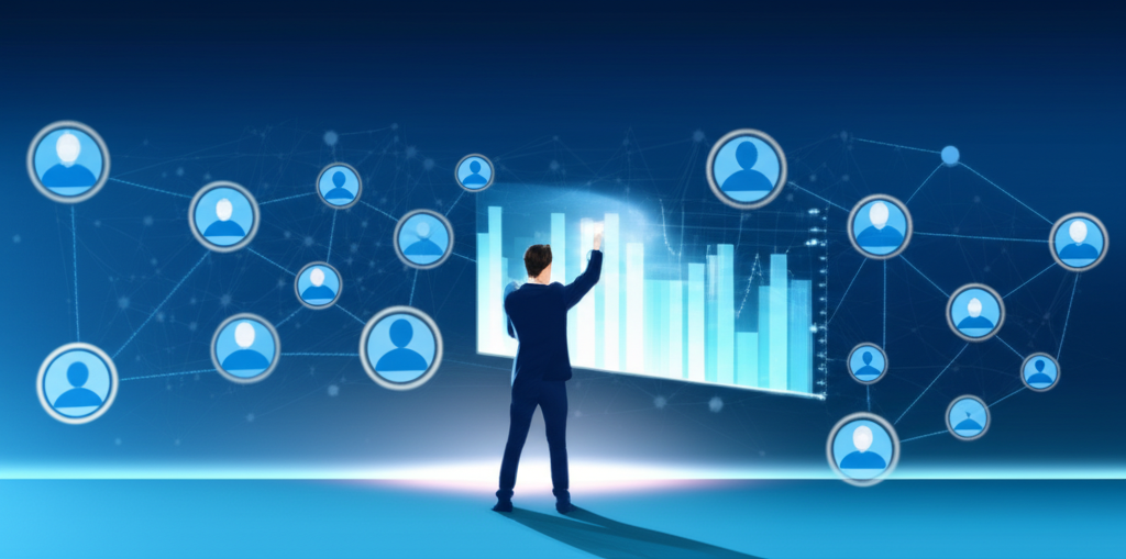 ภาพประกอบเทรดเดอร์ที่กำลังพัฒนาทักษะและความมั่นใจผ่านกราฟเสมือนจริง พร้อมเครือข่ายเทรดเดอร์อื่นๆ