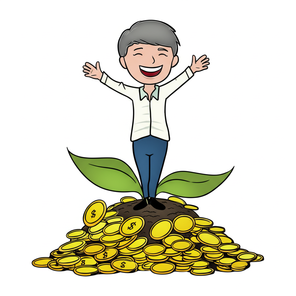 ภาพประกอบนักลงทุนยิ้มแย้มท่ามกลางกองเงินที่เติบโตจากทุนน้อย