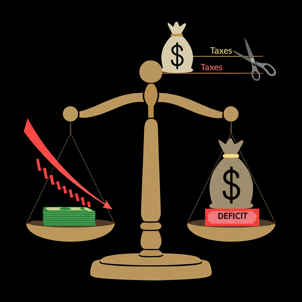 ภาพประกอบสาเหตุของงบประมาณขาดดุล เช่น ภาวะเศรษฐกิจถดถอย การใช้จ่ายภาครัฐขนาดใหญ่ และการลดภาษี