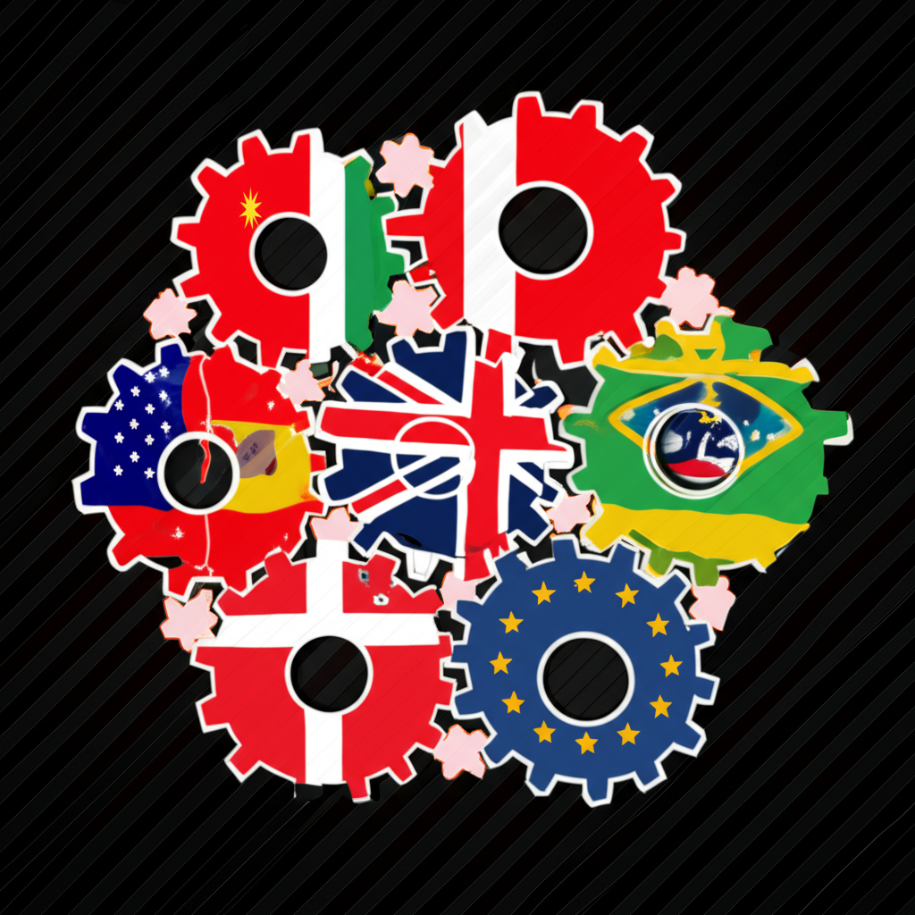 ภาพประกอบประเทศต่างๆ แทนด้วยเฟืองที่ทำงานร่วมกัน โดยมีเฟืองกลางใหญ่สื่อถึงนโยบายเศรษฐกิจร่วม