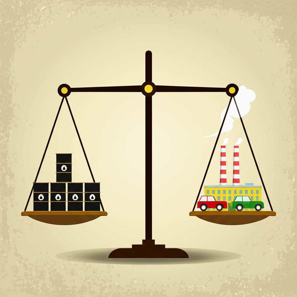 An illustration showing a balanced scale with oil barrels on one side and factories cars on the other depicting supply demand