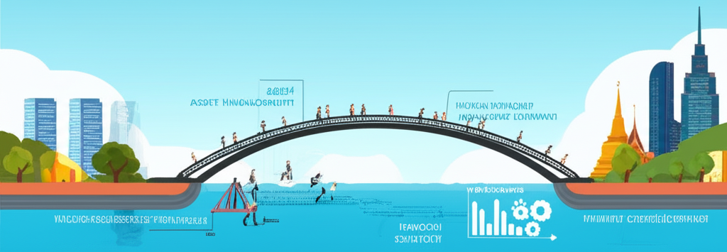 An illustration of a securities company acting as a bridge connecting investors to the Thai capital market showing various financial services like asset management and financial advisory