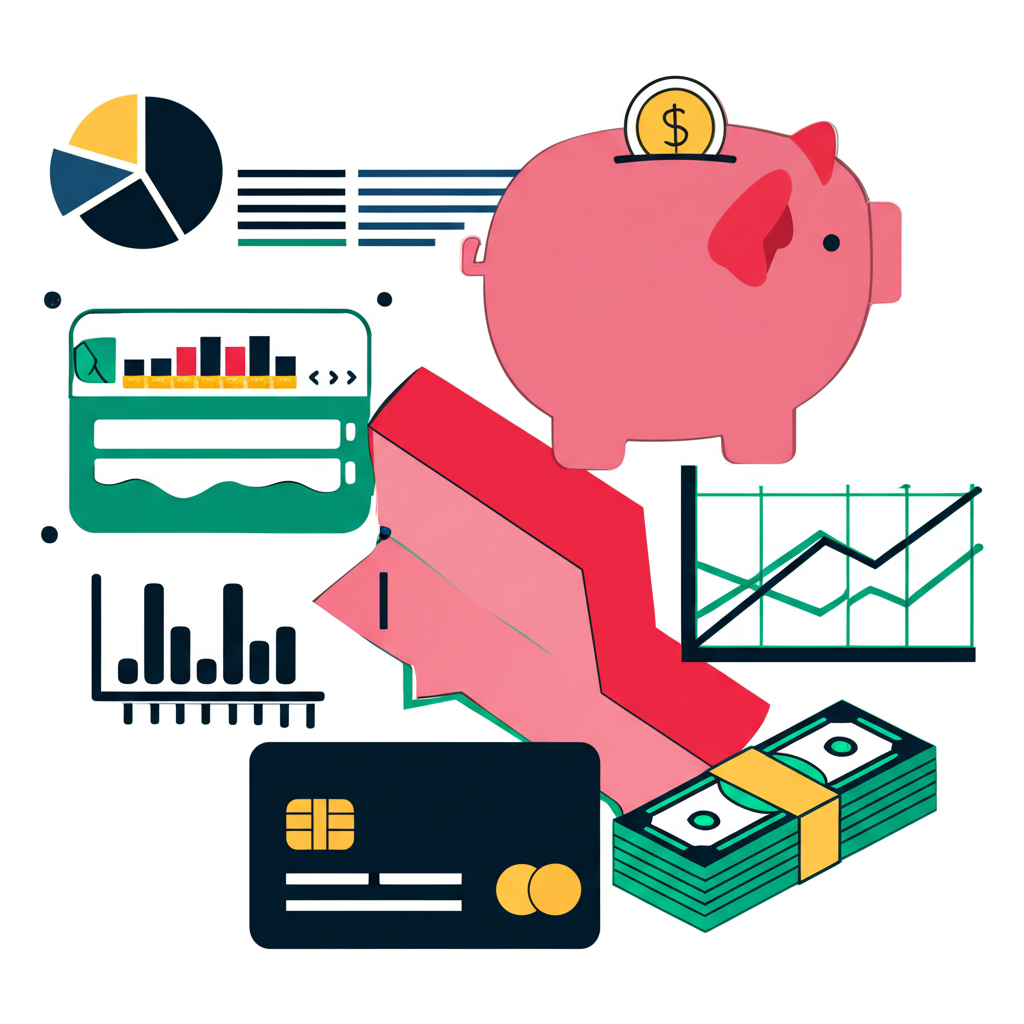illustration financial tools budget chart piggy bank credit card stock market graphs money management principles