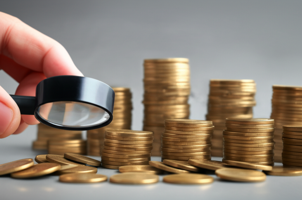 บุคคลกำลังตรวจสอบเหรียญเล็กๆ ที่เติบโตเป็นกองใหญ่ สื่อถึงเลเวอเรจและการเติบโตของการลงทุน