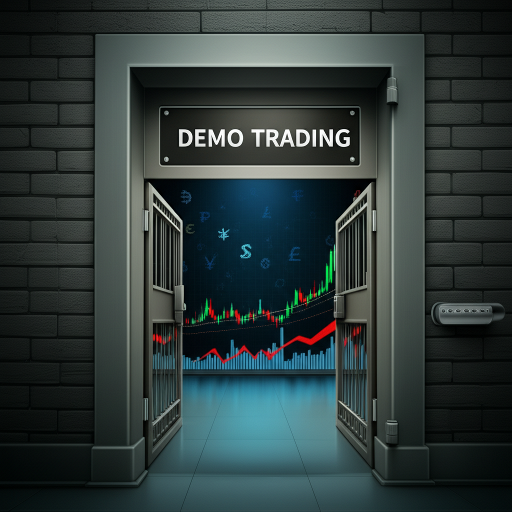 safe gate labeled demo trading leading to a dynamic forex market for new traders