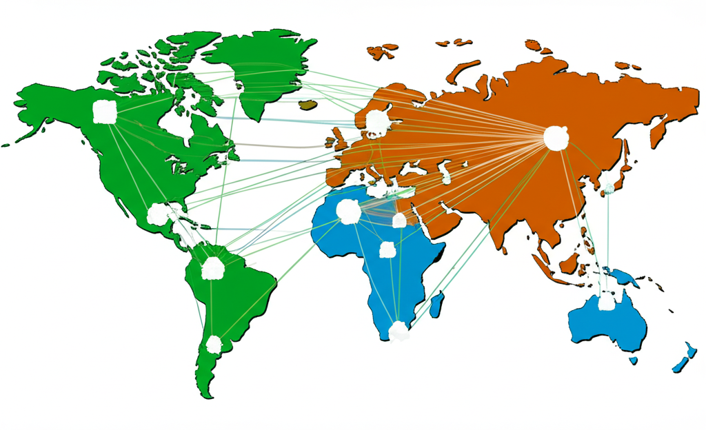 ภาพประกอบแผนที่โลกที่เชื่อมโยงเศรษฐกิจกำลังเติบโต สื่อถึงสมดุลอำนาจโลกในสไตล์ภาพวาด