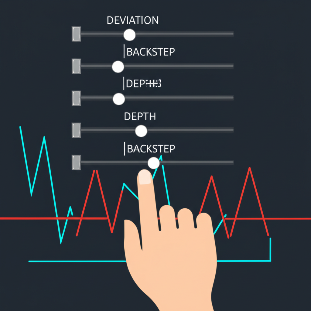 ภาพประกอบมือกำลังปรับสไลด์เดอร์สามตัวที่ติดป้าย Deviation Depth Backstep บนอินเทอร์เฟซ Zigzag Indicator