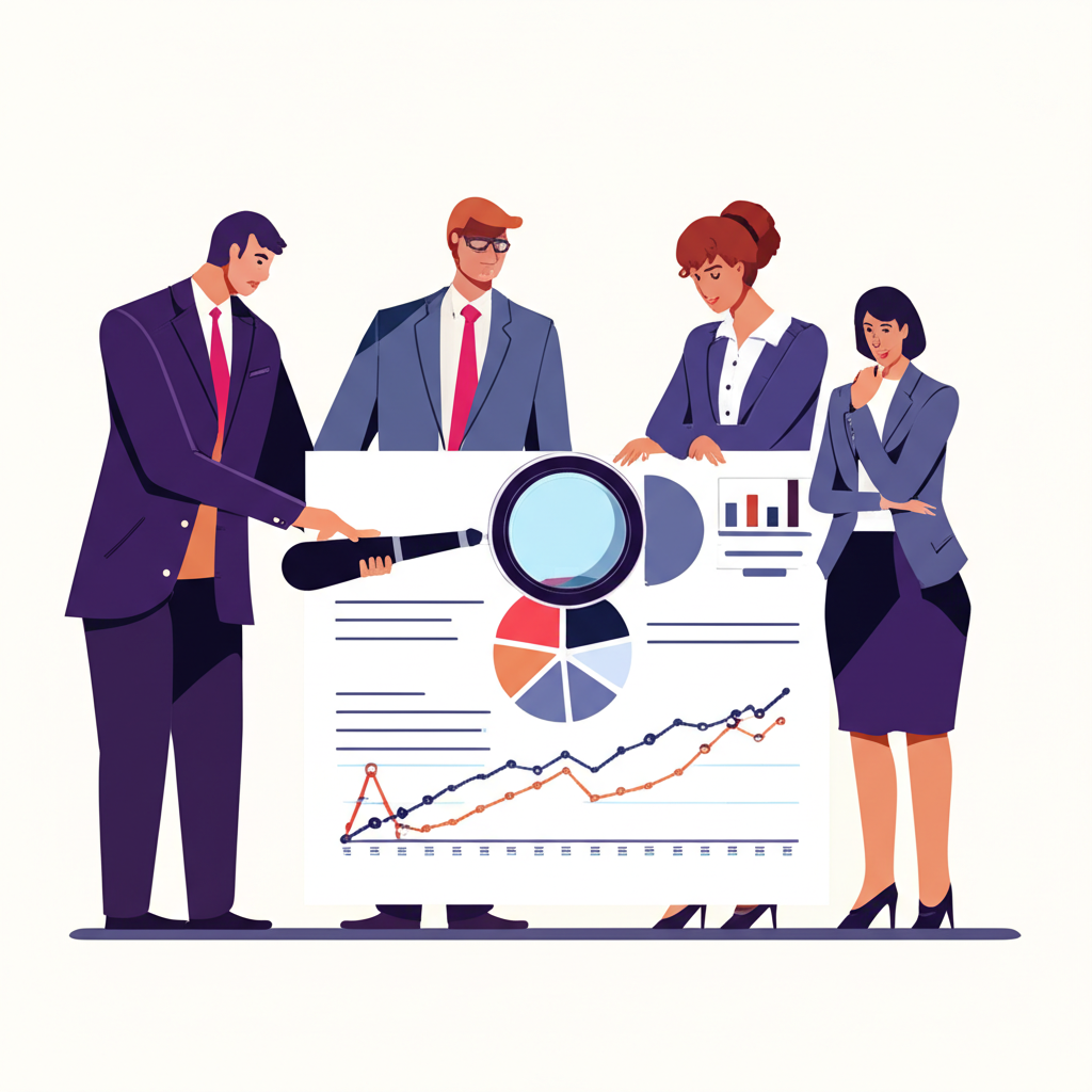 กลุ่มคนหลากหลายรวมถึงนักธนาคาร นักลงทุน และสมาชิกสาธารณะกำลังศึกษาความเสี่ยงทางการเงินที่ซับซ้อนด้วยแว่นขยาย สไตล์ภาพประกอบ