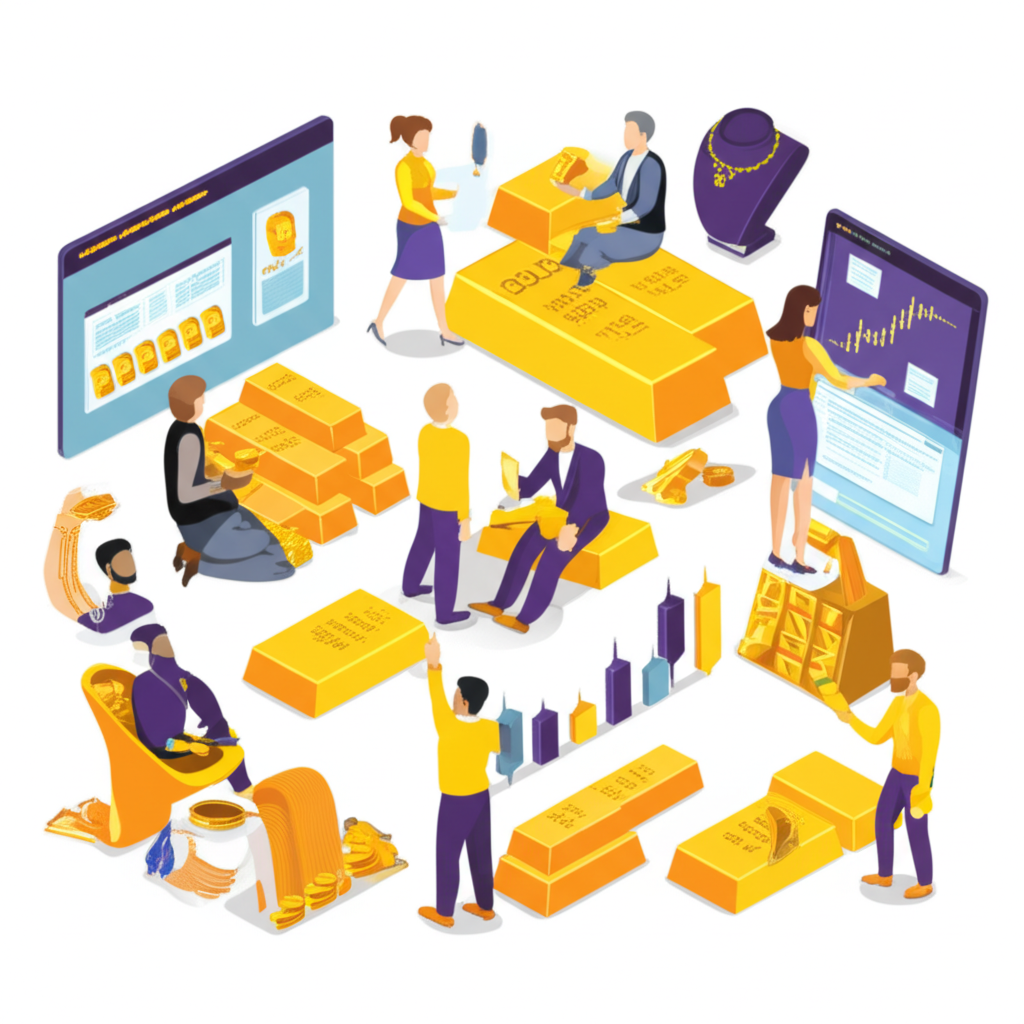 ภาพประกอบกลุ่มนักลงทุนไทยหลากหลายที่โต้ตอบกับรูปแบบการลงทุนทองคำที่แตกต่างกัน