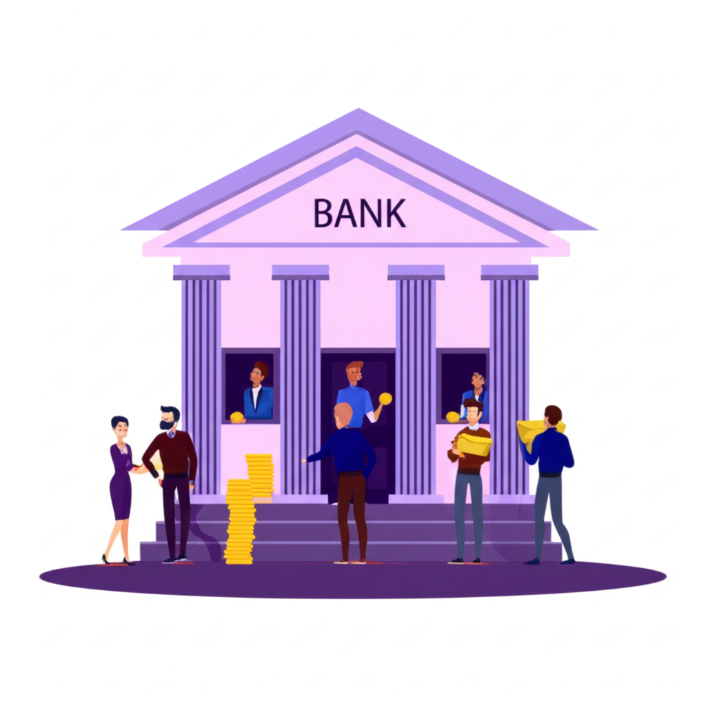 ภาพประกอบอาคารธนาคารที่มีผู้คนฝากเงินและรับกู้ยืมแทนสภาพคล่องในระบบ
