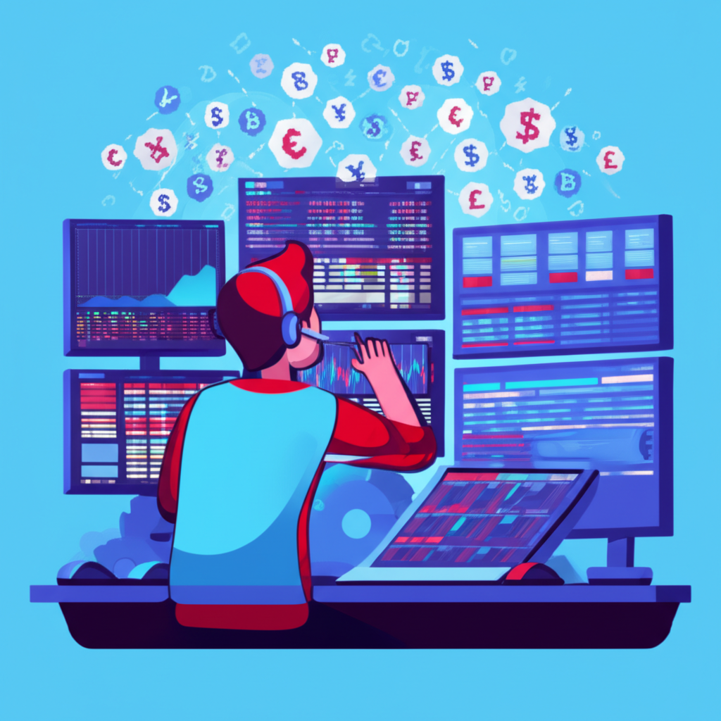 ภาพประกอบนักเทรดกำลังวิเคราะห์กราฟและข่าวสารบนหน้าจอพร้อมสัญลักษณ์สกุลเงินทั่วโลก