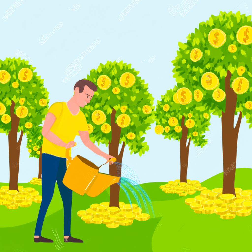 An investor tending to a garden of growing money trees representing consistent dividends illustration style