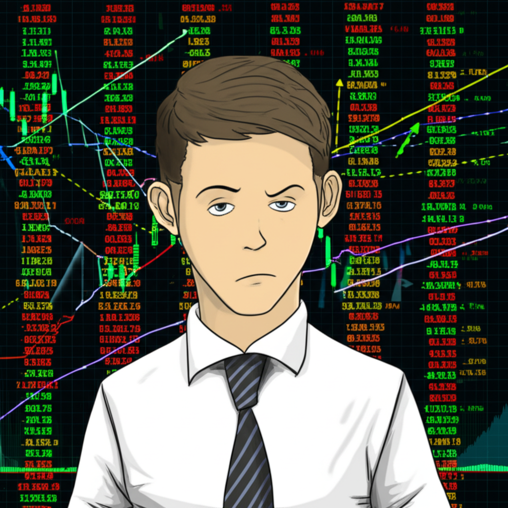 ภาพประกอบเทรดเดอร์มือใหม่กำลังศึกษากราฟฟอเร็กซ์ที่ซับซ้อนพร้อมลูกศรแสดงการเคลื่อนไหวของตลาดด้วยสีหน้าใคร่ครวญ