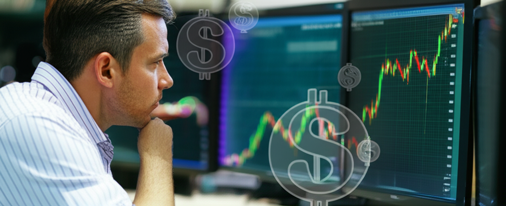 ภาพประกอบเทรดเดอร์กำลังดูหน้าจอกราฟ XAUUSD และสัญลักษณ์ดอลลาร์