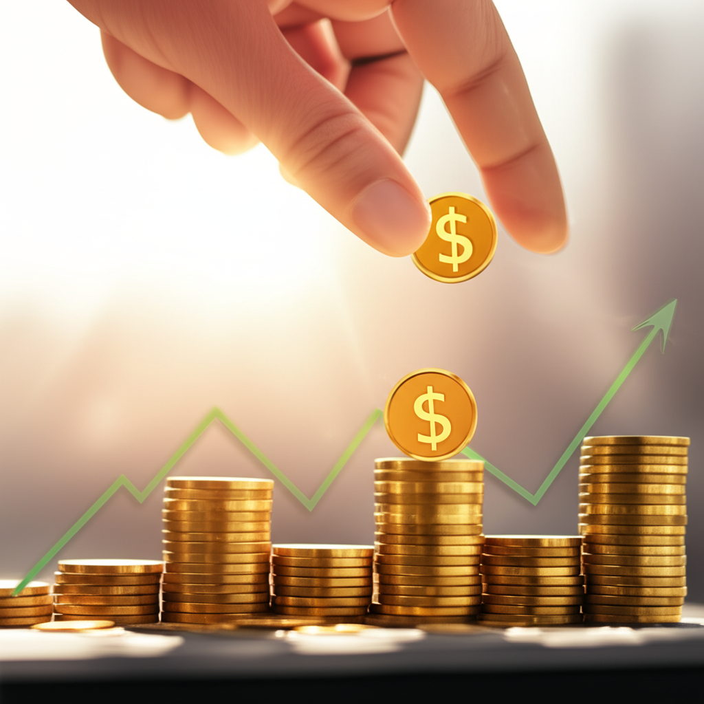 ภาพประกอบมือโยนเหรียญลงในกราฟตลาดที่ราคาขึ้นลง แสดงหลักการถัวเฉลี่ยต้นทุน