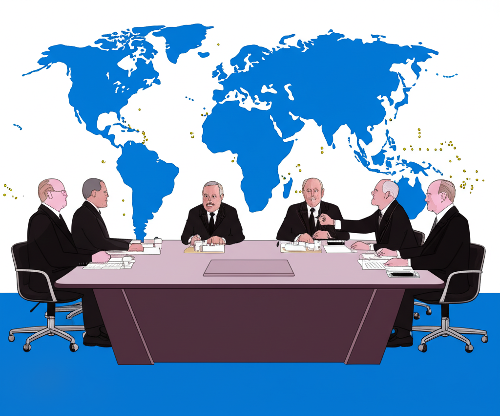 Illustration of seven leaders from G7 countries discussing global economic and political issues in a meeting room with world map background
