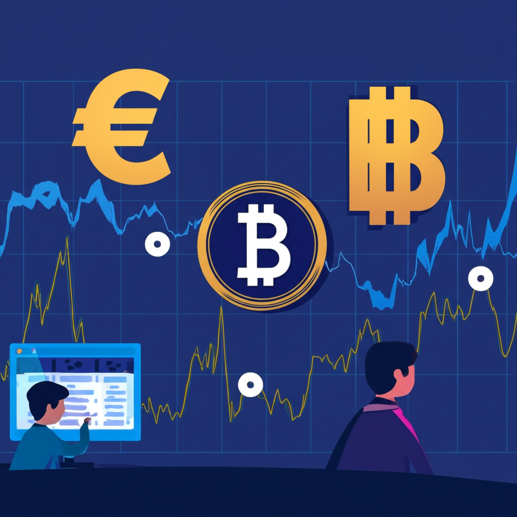 Illustration of euro and Thai baht currency symbols on a fluctuating graph with exchange rates on screen