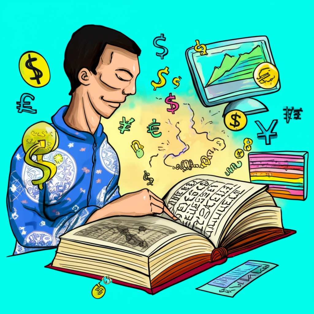 ภาพประกอบนักเทรดชาวไทยกำลังศึกษาหนังสือพร้อมกราฟและข้อมูลเศรษฐกิจ สัญลักษณ์สกุลเงินล้อมรอบ